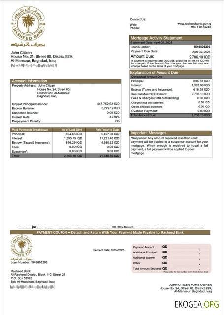 Modèle Word et PDF de relevé hypothécaire de l'Irak Rasheed Bank